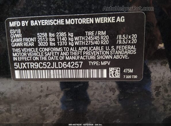 5UXTR9C52JLD64257 2018 BMW X3 Черный Вид подкапотного пространства
