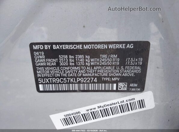 5UXTR9C57KLP92274 2019 BMW X3 Silver Շարժիչի բաժամունքի տեսք