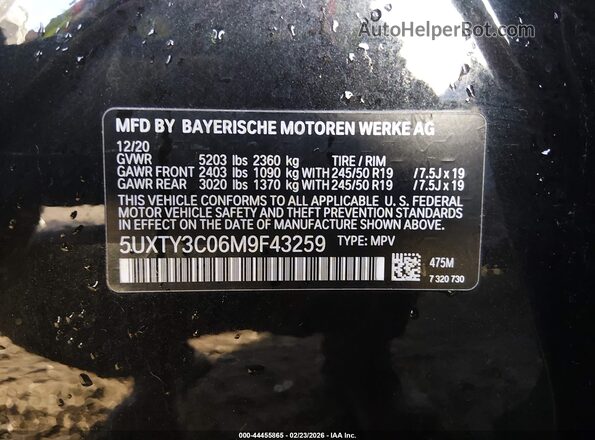 5UXTY3C06M9F43259 2021 BMW X3 Black Vista del compartimento del motor