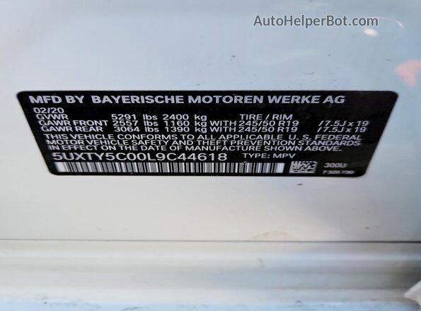 5UXTY5C00L9C44618 2020 BMW X3 Белый Панорамный вид салона 360°