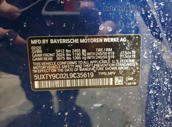 5UXTY9C02L9C35619 2020 BMW X3 Blue Widok wnętrza 360 stopni