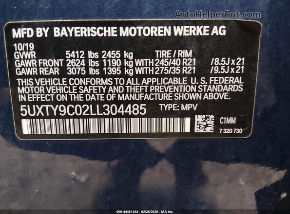 5UXTY9C02LL304485 2020 BMW X3 Blue Widok komory silnika