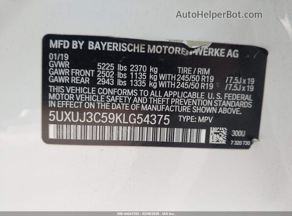 5UXUJ3C59KLG54375 2019 BMW X4 Белый Вид подкапотного пространства