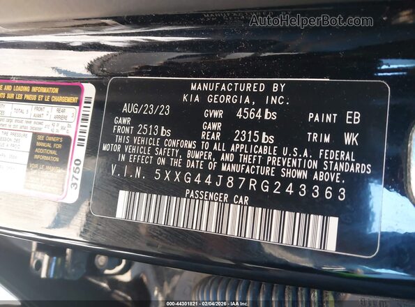 5XXG44J87RG243363 2024 KIA K5 Черный Вид подкапотного пространства