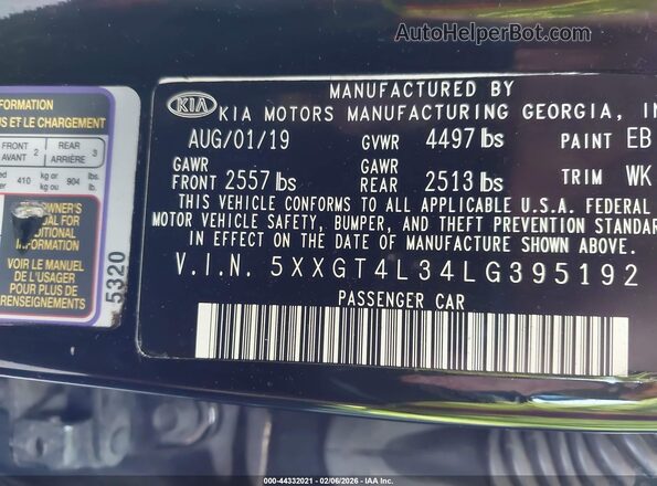 5XXGT4L34LG395192 2020 KIA OPTIMA Black Vista del compartimento del motor