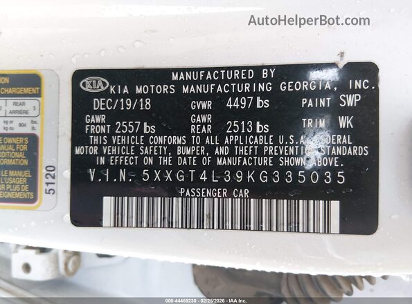 5XXGT4L39KG335035 2019 KIA OPTIMA Белый Вид подкапотного пространства