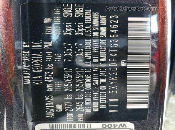5XYK2CDFXTG364623 2026 KIA SPORTAGE Угольный Вид наклейки с VIN-кодом