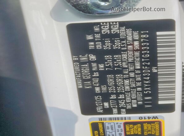 5XYK43DF2TG333781 2026 KIA SPORTAGE Белый Вид наклейки с VIN-кодом