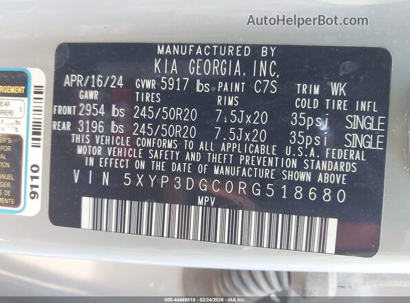 5XYP3DGC0RG518680 2024 KIA TELLURIDE Gray Widok komory silnika