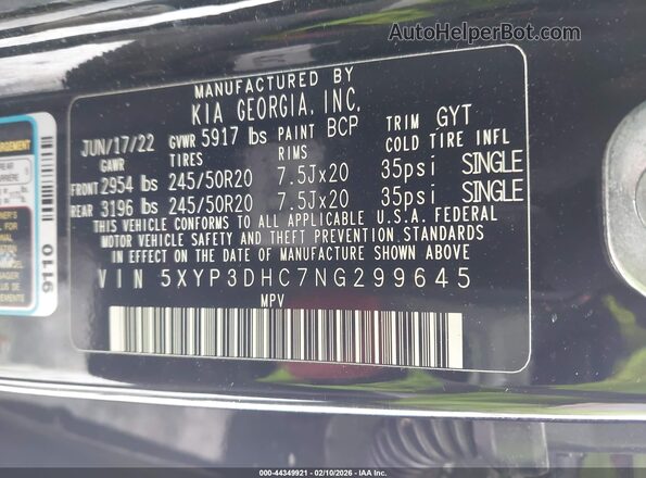 5XYP3DHC7NG299645 2022 KIA TELLURIDE Black Widok komory silnika