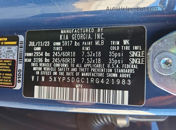 5XYP5DGC1RG421983 2024 KIA TELLURIDE Blue Widok naklejki z numerem VIN