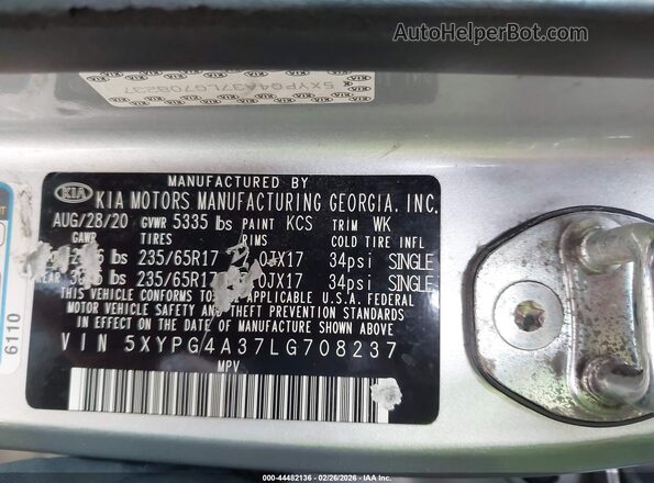 5XYPG4A37LG708237 2020 KIA SORENTO Серебряный Вид подкапотного пространства