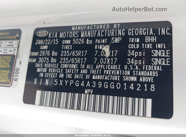 5XYPG4A39GG014218 2016 KIA SORENTO White Vista del compartimento del motor