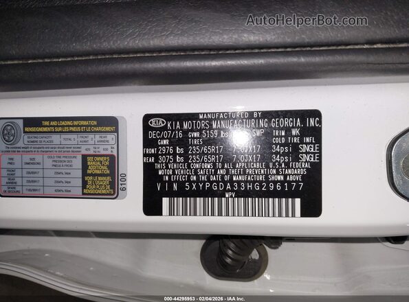 5XYPGDA33HG296177 2017 KIA SORENTO White ძრავის განყოფილების ხედი