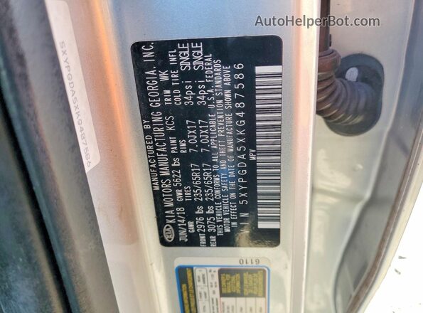 5XYPGDA5XKG487586 2019 KIA SORENTO Silver Widok naklejki z numerem VIN