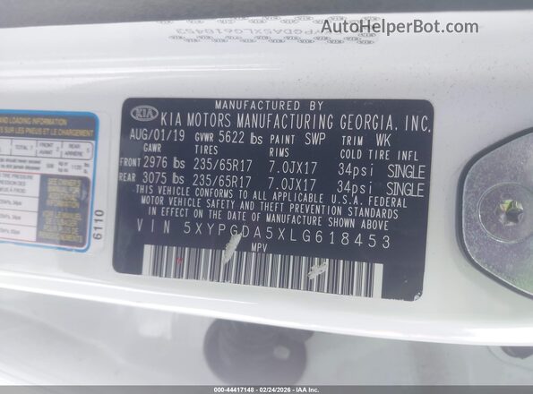 5XYPGDA5XLG618453 2020 KIA SORENTO Белый Вид подкапотного пространства