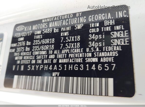5XYPH4A51HG314657 2017 KIA SORENTO Белый Вид подкапотного пространства