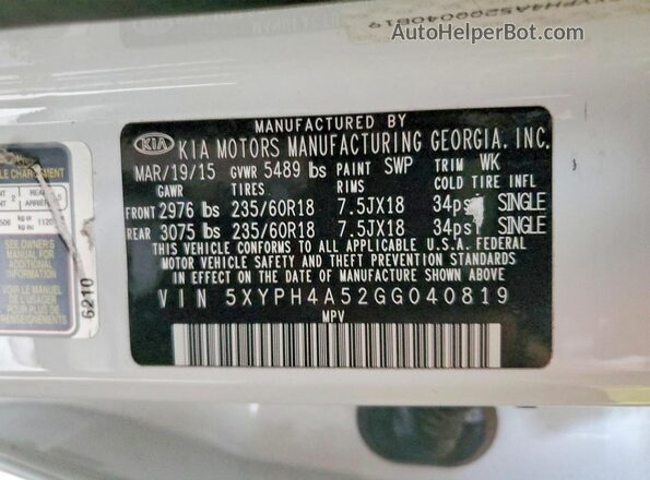 5XYPH4A52GG040819 2016 KIA SORENTO Белый Вид наклейки с VIN-кодом