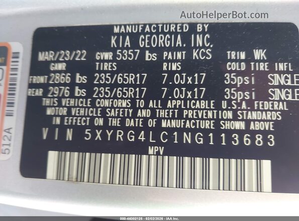 5XYRG4LC1NG113683 2022 KIA SORENTO Silver Vista del compartimento del motor