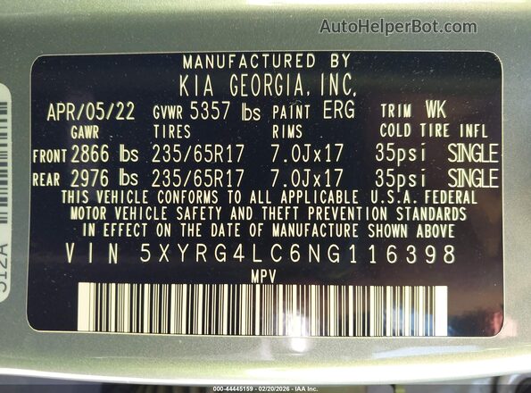 5XYRG4LC6NG116398 2022 KIA SORENTO Серый Вид подкапотного пространства