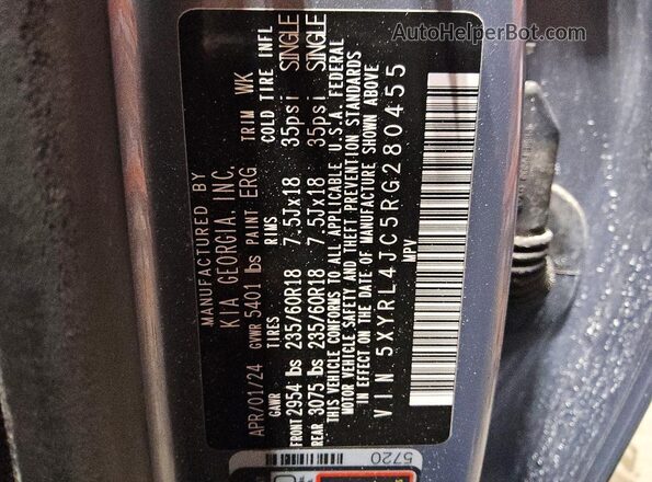 5XYRL4JC5RG280455 2024 KIA SORENTO Gray Widok naklejki z numerem VIN