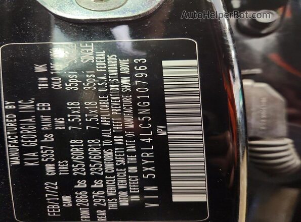 5XYRL4LC5NG107963 2022 KIA SORENTO Черный Вид наклейки с VIN-кодом