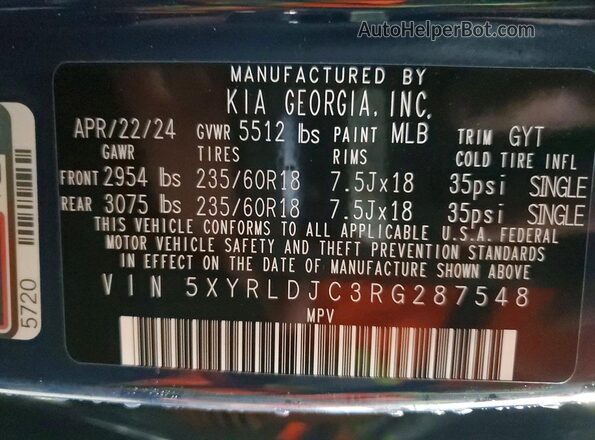 5XYRLDJC3RG287548 2024 KIA SORENTO Blue Vista interior de 360 grados