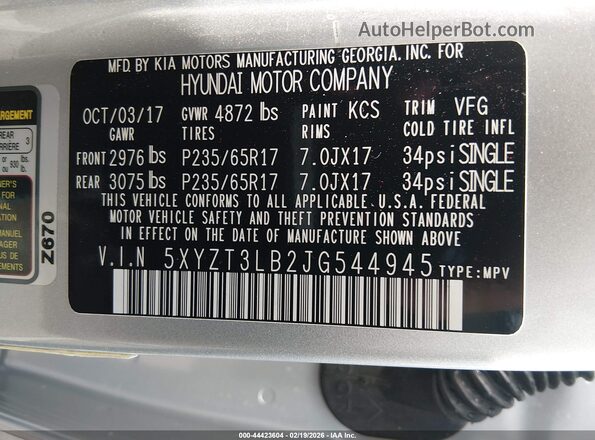 5XYZT3LB2JG544945 2018 HYUNDAI SANTA FE SPORT Серебряный Вид подкапотного пространства