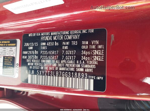 5XYZT3LB7GG318893 2016 HYUNDAI SANTA FE SPORT Красный Вид подкапотного пространства
