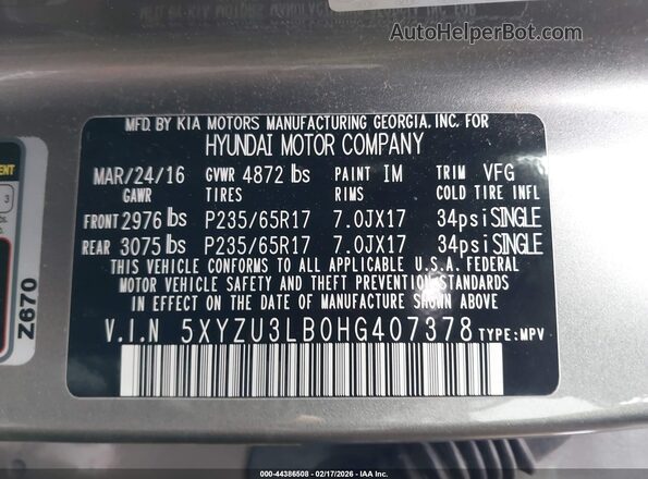 5XYZU3LB0HG407378 2017 HYUNDAI SANTA FE SPORT Серый Вид подкапотного пространства