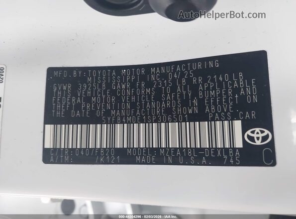 5YFB4MDE1SP306501 2025 TOYOTA LL Белый Вид подкапотного пространства