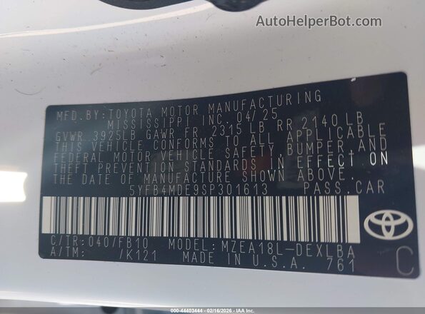 5YFB4MDE9SP301613 2025 TOYOTA LL Белый Вид подкапотного пространства