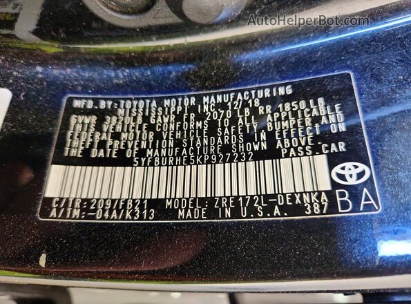 5YFBURHE5KP927232 2019 TOYOTA LL Черный Вид наклейки с VIN-кодом