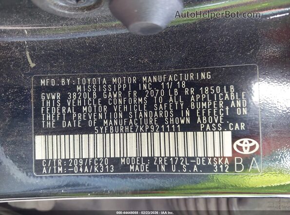 5YFBURHE7KP921111 2019 TOYOTA LL Черный Вид подкапотного пространства