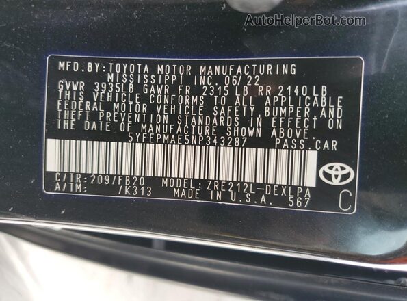 5YFEPMAE5NP343287 2022 TOYOTA LL Black Widok naklejki z numerem VIN