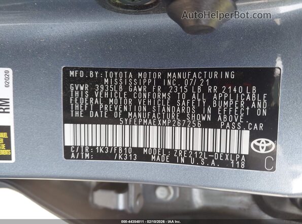 5YFEPMAEXMP267256 2021 TOYOTA LL Gray Вид підкапотного простору