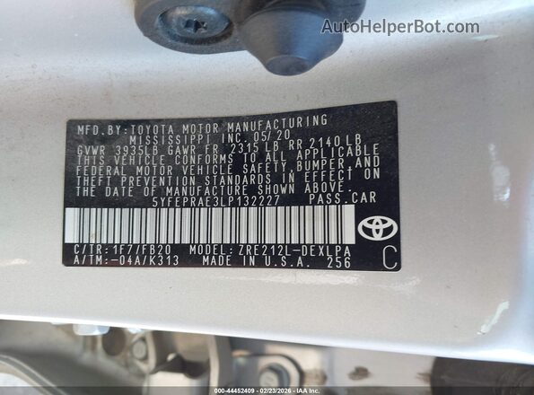 5YFEPRAE3LP132227 2020 TOYOTA LL Silver Widok komory silnika