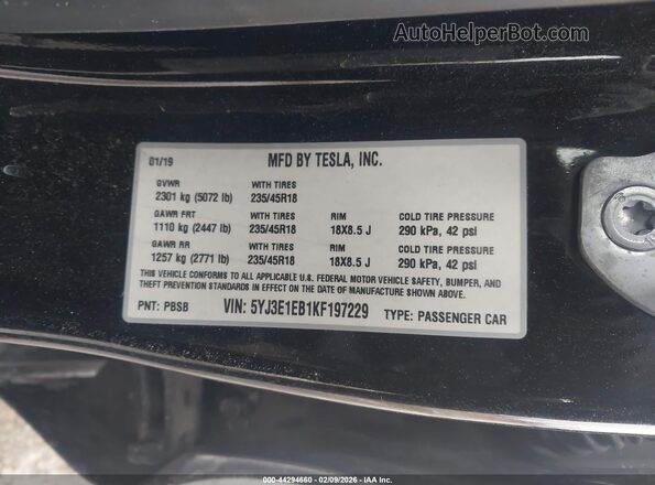 5YJ3E1EB1KF197229 2019 TESLA MODEL 3 Черный Вид подкапотного пространства