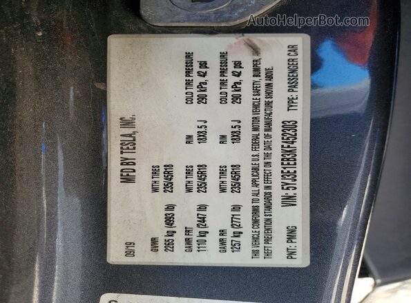 5YJ3E1EB3KF452303 2019 TESLA MODEL Charcoal Vista de la etiqueta del VIN