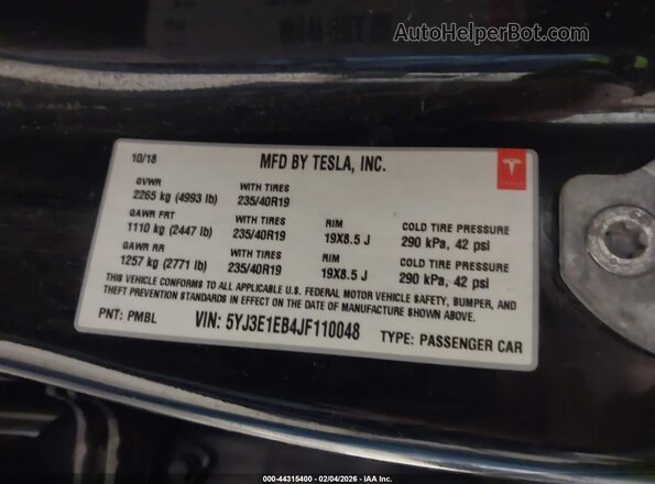 5YJ3E1EB4JF110048 2018 TESLA MODEL 3 Черный Вид подкапотного пространства