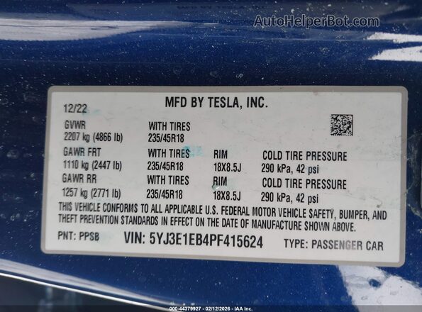 5YJ3E1EB4PF415624 2023 TESLA MODEL 3 Синий Вид подкапотного пространства