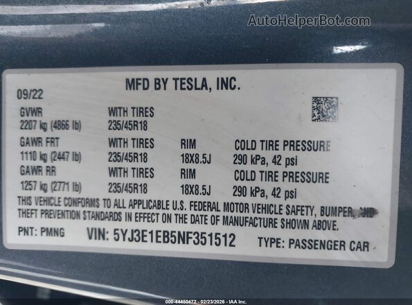 5YJ3E1EB5NF351512 2022 TESLA MODEL 3 Серый Вид подкапотного пространства