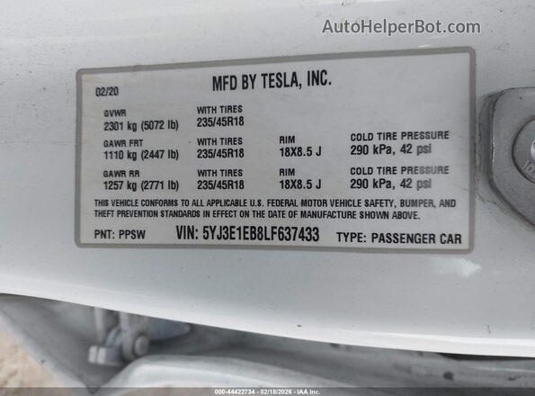 5YJ3E1EB8LF637433 2020 TESLA MODEL 3 Белый Вид подкапотного пространства