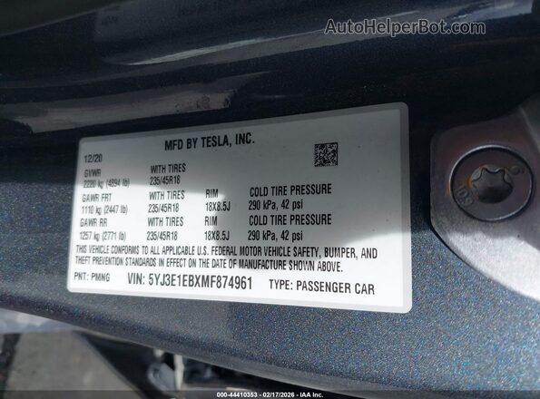5YJ3E1EBXMF874961 2021 TESLA MODEL 3 Gray Engine compartment view