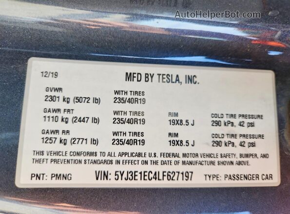 5YJ3E1EC4LF627197 2020 TESLA MODEL Серый Вид наклейки с VIN-кодом