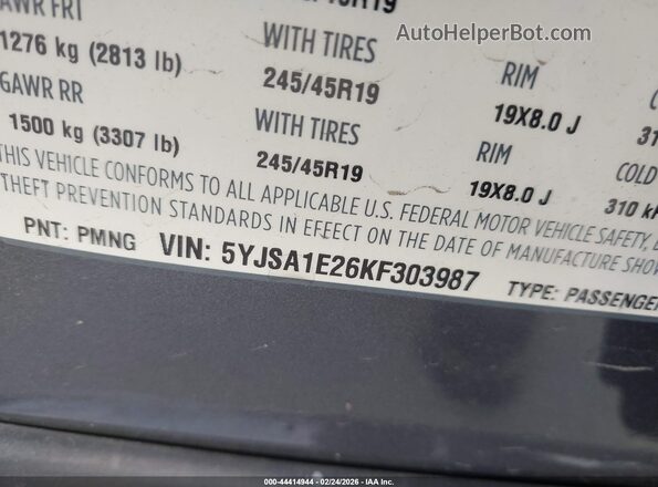 5YJSA1E26KF303987 2019 TESLA MODEL S Серый Вид наклейки с VIN-кодом