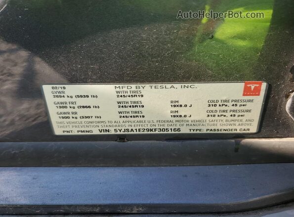 5YJSA1E29KF305166 2019 TESLA MODEL Серый Вид подкапотного пространства