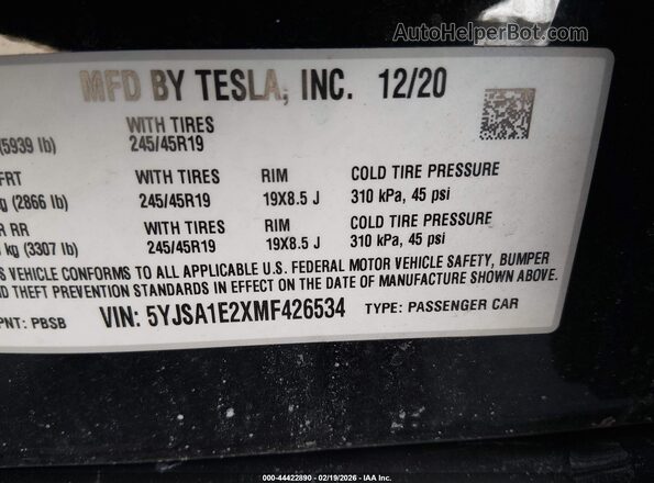 5YJSA1E2XMF426534 2021 TESLA MODEL S Черный Вид подкапотного пространства
