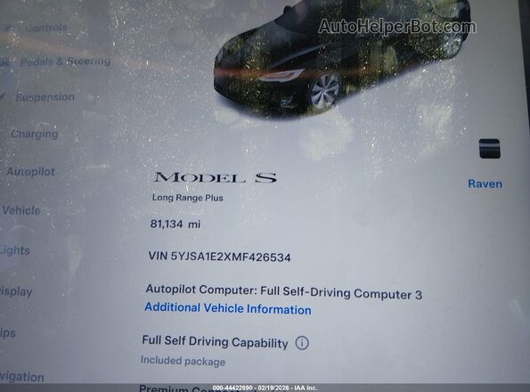 5YJSA1E2XMF426534 2021 TESLA MODEL S Черный Панорамный вид салона 360°