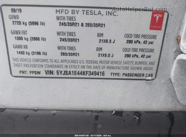 5YJSA1E44KF349416 2019 TESLA MODEL S White Widok komory silnika
